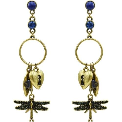 Dangle Rhinestone Filigree Dragonfly Heart Earrings for Women Gold Unique Fashion Big Vintage Crystal Long Oorbellen Jewelry
