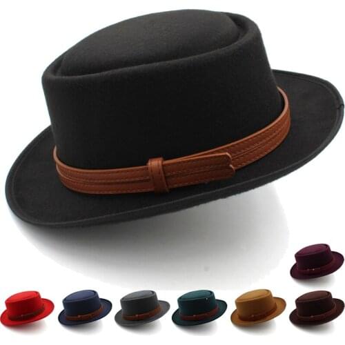 Mens top hat womens British jazz hat classic autumn and winter stage performance woolen Street flat top belt felt hat