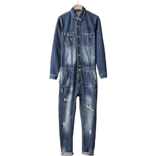 Spring Fall European Style Mens Blue Denim Long Sleeve Jumpsuits Overalls , Ripped Hole Overall Distressed Jeans Pants For Men