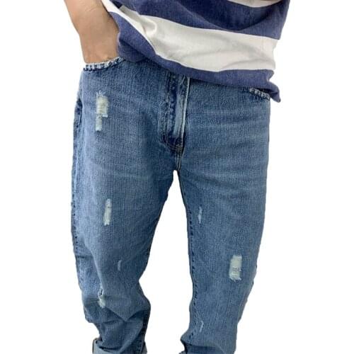 High-quality loose big straight-leg jeans heavy-washed frayed hole pants thick denim trousers