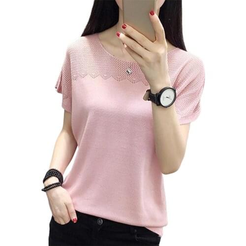 Ladies Sexy Hollow Sheer Knit Casual Large Size Solid Color Wild Explosion Short Sleeve O-Neck Bottoming Shirt Top