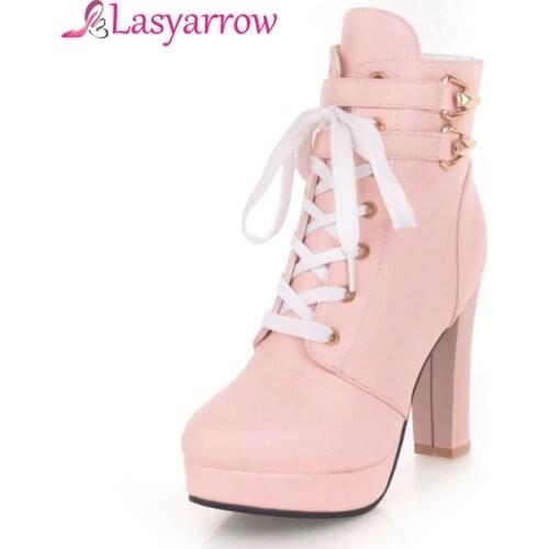 Lasyarrow Platform Heels Women Ankle Boots Soft Leather Thick high Heel Platform Boots Winter Autumn Big Size Motorcycle Boots