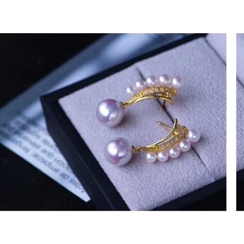 Pure 925 Sterling Silver Fine Jewelry Fresh Water Golden 9-10mm Round Pearl Dangle Earrings for Women Fine Pearl Earrings