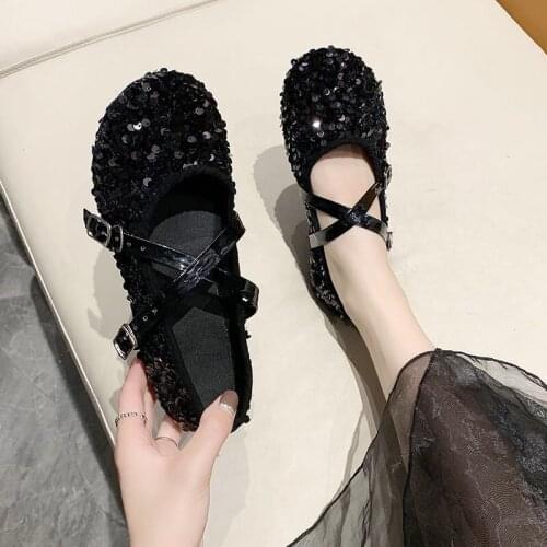 Net Red Sequined Womens Single Shoes 2021 Autumn and Summer New Peas Shoes Round Toe Soft Bottom Korean Fashion Social Shoes