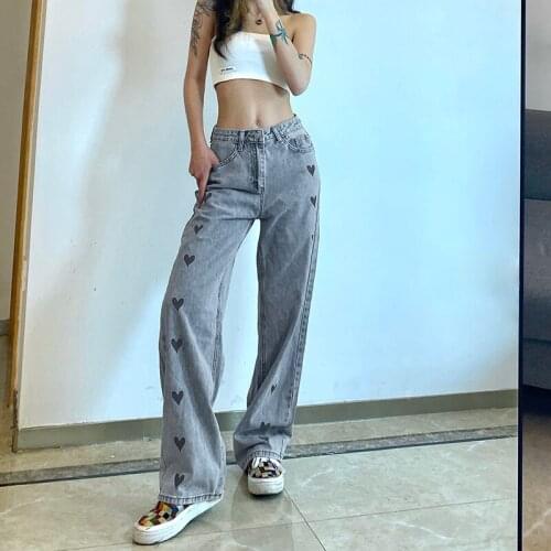Women Loose Jeans, Adults Love Pattern High Waist Straight-leg Pants with Pockets