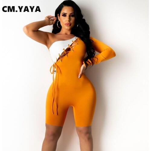 CM.YAYA Women Playsuit Patchwork One Shoulder Full Sleeve Bandage Hollow Out Elastic Bodycon Playsuit Casual Outfit Summer 2021