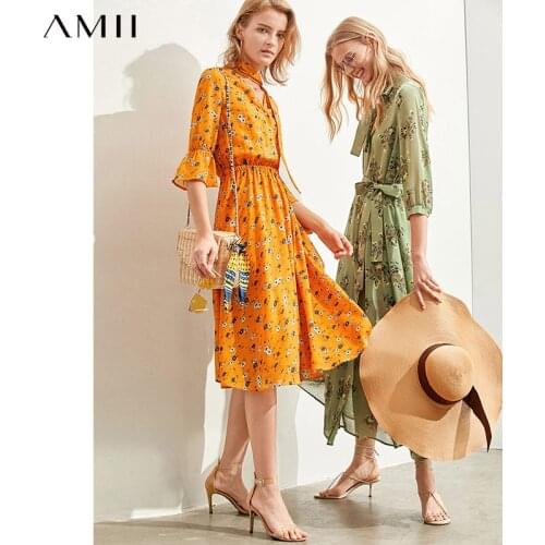 Amii Elegant Chiffon Floral Dress Autumn Women Minimalist V-neck Lace up Butterfly Sleeve Female Dresses 11970362