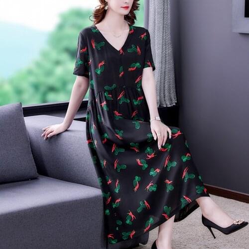 Black Floral Mulberry Silk Casual Maxi Dress Summer Vintage 4XL Plus Size Beach Midi Sundress 2021 Women Elegant Party Vestidos