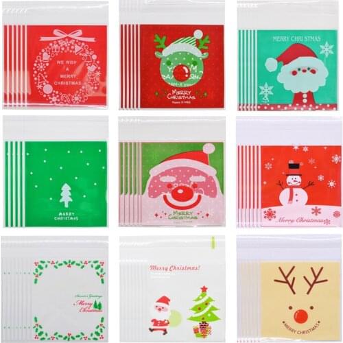 50pcs 10x10cm Christmas Candy Bags Cute Santa Claus Elk Gift Bag For Cookies Snack Food Packing Christmas Party Decor Supplies