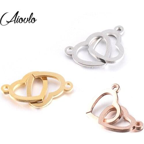 Aiovlo 5pcs/lot Stainless Steel Double Heart Charm Connector for Bracelet Necklace Hollow Pendants Diy Jewelry Making Supplies