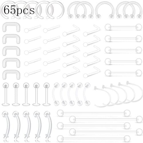 Acrylic UV Transparent Lip Belly Piercing Jewelry Bulk Nose Ring Tongue Bar Eyebrow Labret Piercing Set Horseshoe Ring Lot Pack