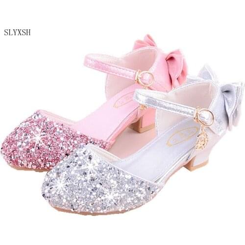 Girls Sandals Summer Kids Shoes 2018 Girls Princess Shoes With High Heels Silver Leather Rhinestone For Dance Wedding 2 colour