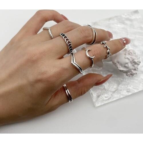 7pcs Bohemian Vintage Ripple Geometric Punk Rings Sets Clear Crystal Opening Rings for Women Jewelry Accessories Years Gift