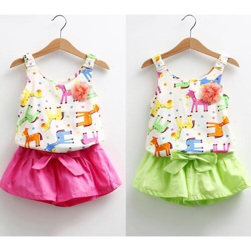 Girls Clothing Set O-neck Sleeveless 2021 Summer 2-10T Years Kids Cartoon Colorful Horse Print Vest+Shorts 2 Piece Outfits Sets