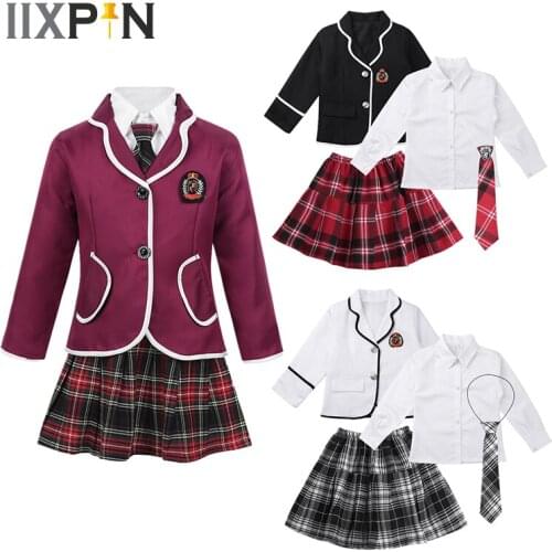 Kids Girls British Style School Uniforms Student Cosplay Anime Costume Suit Long Sleeve Coat With Shirt Tie Mini Skirt Set