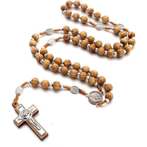 Hand-knotted Exorcism Catholic Retro Rosary Wood Beads Alloy Benedic Jesus Christ Chain Pandent Virgin Mary Rosary Necklace