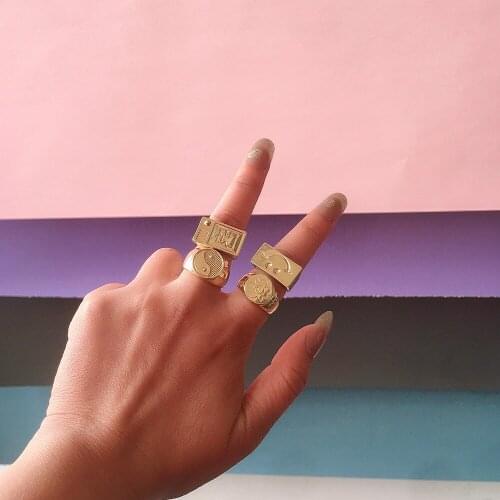 Fashion Smile Face Metal Open Rings For Women Gold Silver Color Geometric Flower Yin Yang Couple Rings Gothic Punk Jewelry Gift