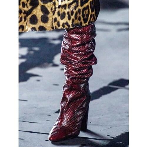 Fashion Week Spring 2020 Boots Snake Skin Slouchy Slip On Pointy Toe Shoes Square High Heeled Knee High Women Boots New Arrivals