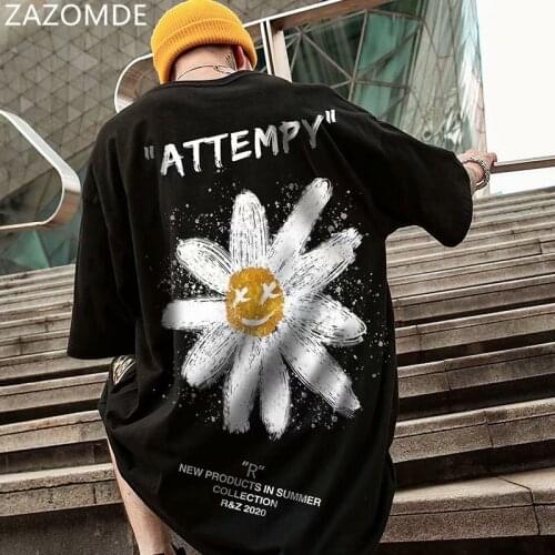 ZAZOMDE Summer Men Big Size Couple Loose Casual Hip Hop T Shirt Cartoon Flowers Printing Tee High Street T-shirt Half-sleeve Top