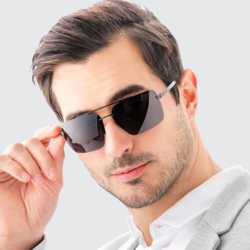 New mens steel leather half frame square double beam fashion polarized sunglasses driving glasses retro UV400 sunglasses