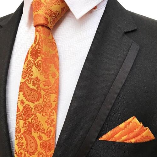 8cm Men Orange Paisley Ties Set with Pocket Square