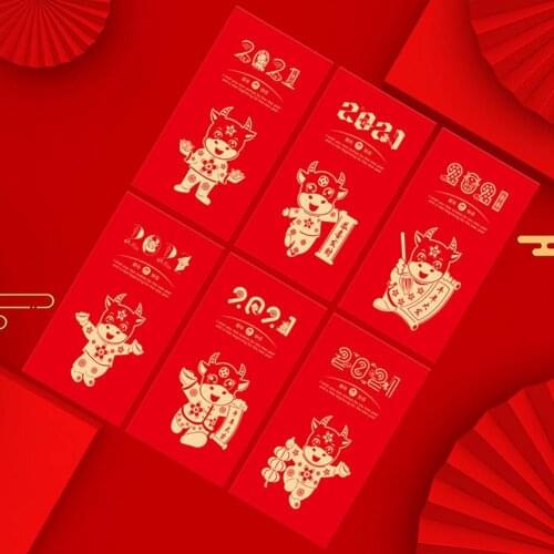 New 6Pcs Ox Year Chinese Red Envelope Thicken Creative Cartoon Personality Eve Lucky Money Bag Hongbao New Year Gift
