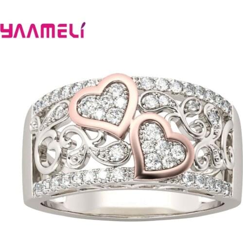 New Design For Lovers Exquisite 925 Sterling Silver Double Heart Hollow Out Ring For Wedding Anniversary Clear Zircon Size 6-10