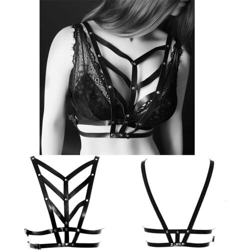 Pink Lingerie Belt Leather Crop Top Metal Ring Cage Chest Women Garter Belts Waist Bondage Suspender Body Harness Bra Party