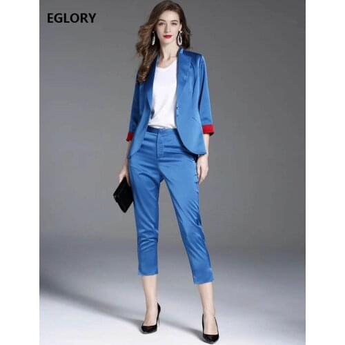 XXL Womens Set 2020 Autumn Elegant Work Suit Ladies Color Block Single Button Blazer Coats+Skinny Leg Pants & Capris Sets 2pc
