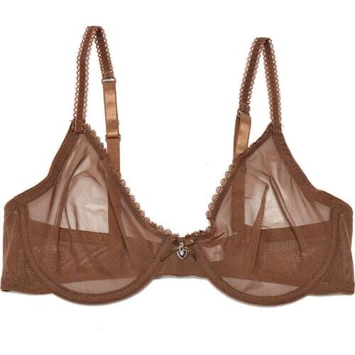 YANDW Brown Bras Panties Sale Separated Transparent Mesh See Through Stretch Women Sexy Lingerie Big Plus Size BH Set 3 Colors