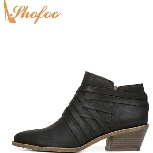 Black Ankle Boots High Chunky Heels Woman Almond Toe Booties Zipper Large Size 13 16 Ladies Fashion Woven Vamp Sexy Shoes Shofoo