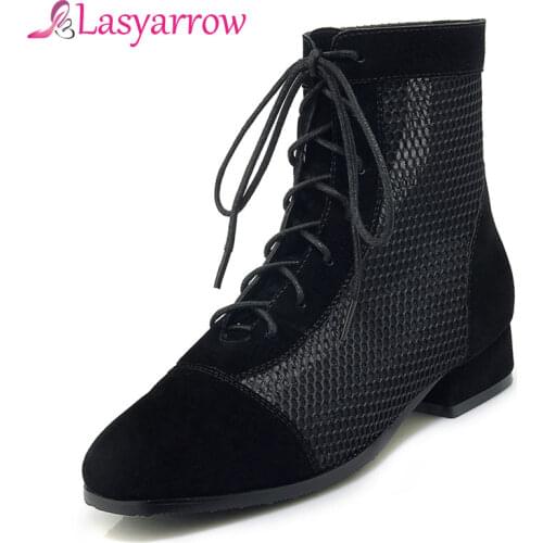 Lasyarrow Round Toe Low Square Heels Ankle Boots 2019 Spring Summer Lace Up Solid Black Pumps Shoes Woman Plus Size 33-43 J540