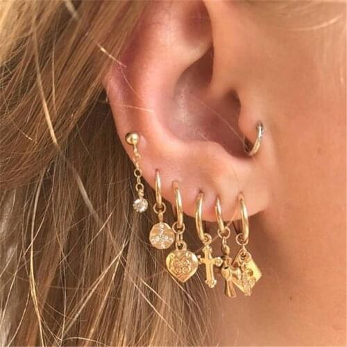 Flatfoosie New Tiny Hoop Earrings For Women Girl Gold Cartilage Hoop Earrings Jewelry Heart Cross Star Triangle Charm Earrings