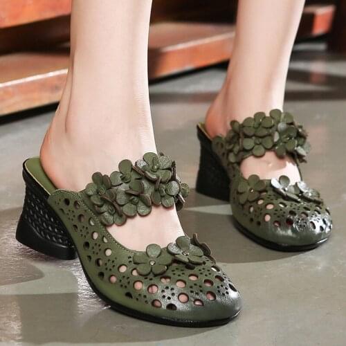 Gykaeo 2020 New Summer Round Head Womens Slippers Genuine Leather High Heels Shoes Woman Rome Style Casual Ladies Slides Shoes