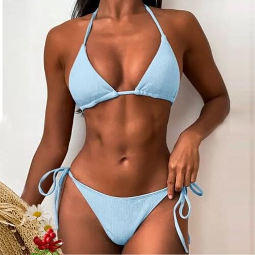 ZAFUL Sexy Swimwear Swimsuit Ribbed Tie Side High Cut Bikini Set Beach Suit Halter Padded Bathing Suit Beach Wear For Women 2020
