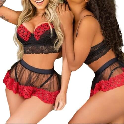 Women Sexy Lingerie Sets Love-Heart Printed Lace Bra +High Waist Panty Skirt 2 Pieces Outfits Sets