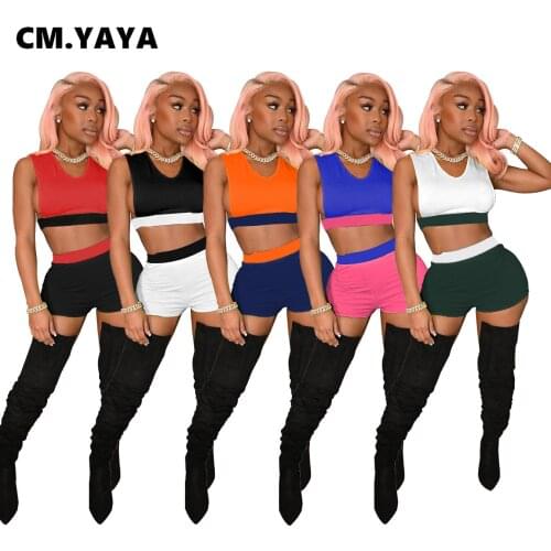 CM.YAYA Active Sweatsuit Womens Set Sleeveless Crop Tops and Shorts Matching Set Sport Tracksuit Two Piece Set Fitness Outfit