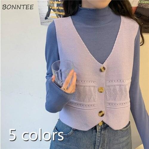 Sweater Vest Women Ulzzang Loose Daily Single Breasted Sleeveless All-match V-neck Knitting Solid Clothing Chic Leisure Cropped