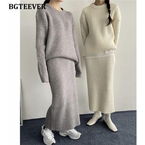 BGTEEVER Vintage Women 2 Pieces Knitted Set O-neck Pullovers Sweaters & Package Hip Skirts 2021 Autumn Winter Women Sweater Set