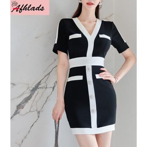 Office Lady Summer Womens Clothing 2021 New Slim High Waist V-Neck Patchwork Short Sleeve Female Formal Mini Bodycon Dress