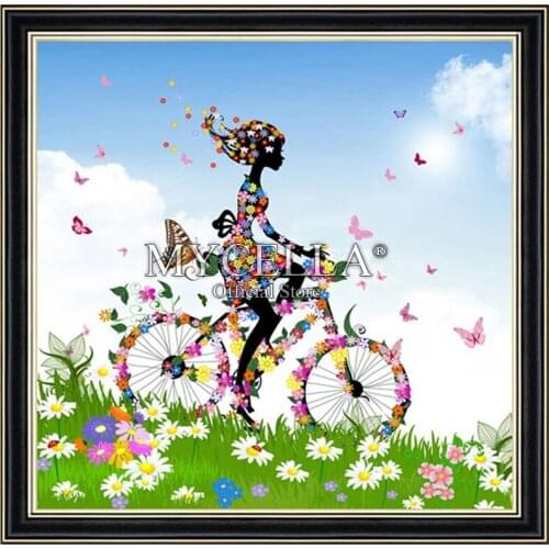 5D DIY Diamond Painting Cross Stitch Bicycle Girl Flowers Home Decor Needlework Full Round Rhinestone Mosaic Diamond Embroidery