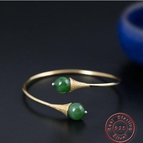 Amxiu Natural Chalcedony Bangle 925 Sterling Silver Adjustable Open Bangles Vintage Jewelry For Women Mother' Day Gift Bijoux