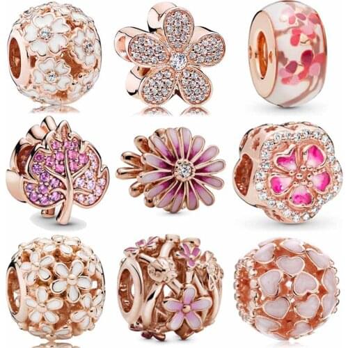 DIY Charms Rose Dazzling Daisy Primrose Meadow Pave Leaf 925 Sterling Silver Bead Fit Fashion Bracelet Jewelry