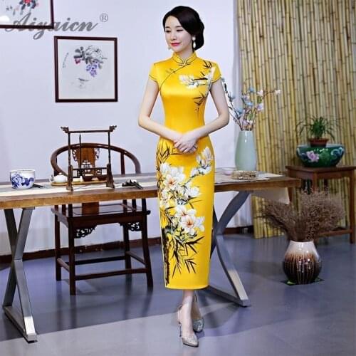 Yellow Elegant Retro Printing Cheongsam Long Dresses Qi Pao Women Chinese Traditional Clothing Dress Qipao Similar Silk Robe