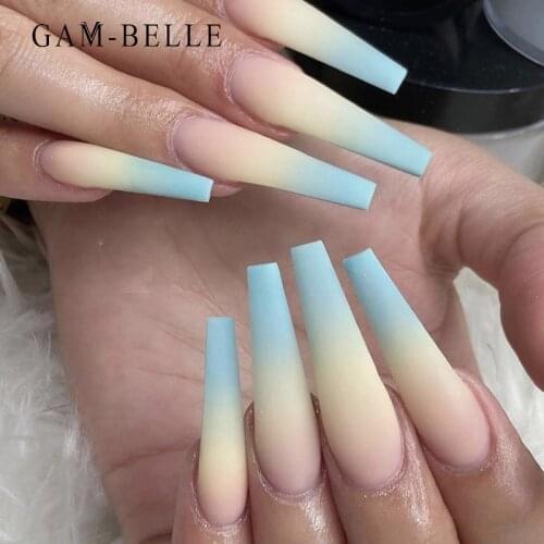 GAM-BELLE 24Pcs False Nails Matte Natural Gradient Long Ballerina French Press On Nails Tips Artificial Fake Nails Faux Ongles