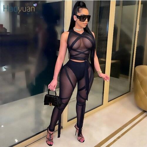 HAOYUAN Mesh Sheer Summer Outfits Two Piece Set Sleeveless Crop Top Bodycon Pants for Women Tracksuit Sexy Club Matching Sets