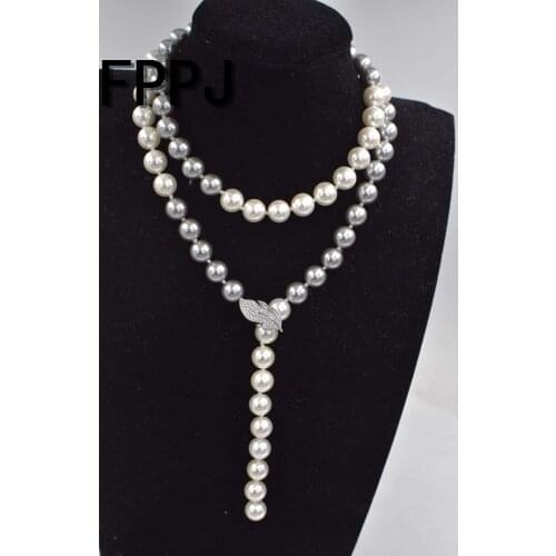 Shell round white and gray round 10mm necklace 34inch nature FPPJ wholesale beads