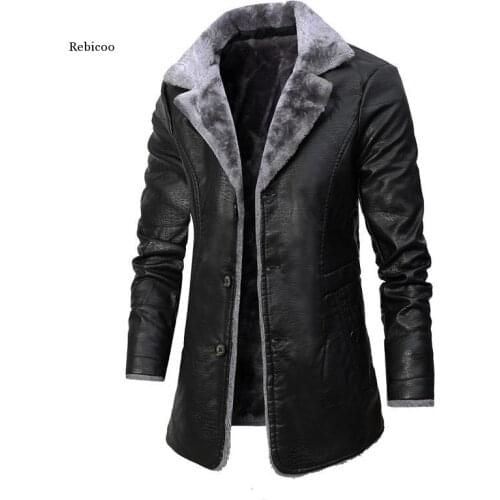 Men Pu Leather Jacket Long Style Solid Mens Streetwear Fleece Casual Mens Clothing Porckets Breasted Leather Coat Outwear