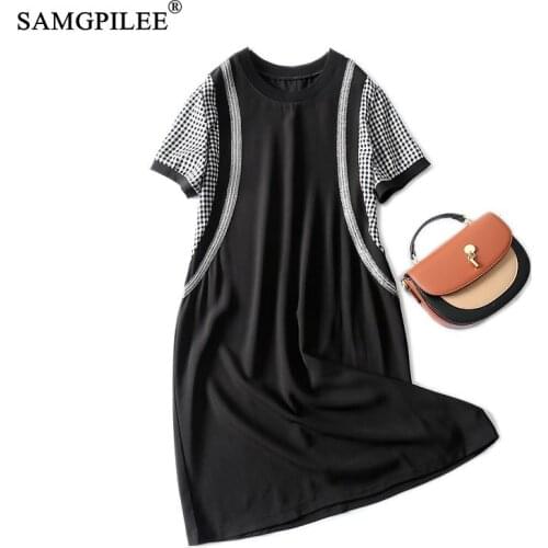 Summer Woman Dresses 2021 Fashion Korean Style New Plaid Diamond Short-sleeved Knee-length Round Neck Plus Size Dress Women 4XL