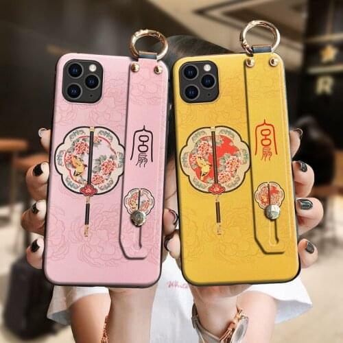 Elegant 3D Emboss Phone Case for iPhone X XS XR 11 12 Pro Max Soft Matte Back Cover for iPhone 6 7 8Plus Capa Wrist Strap Coque